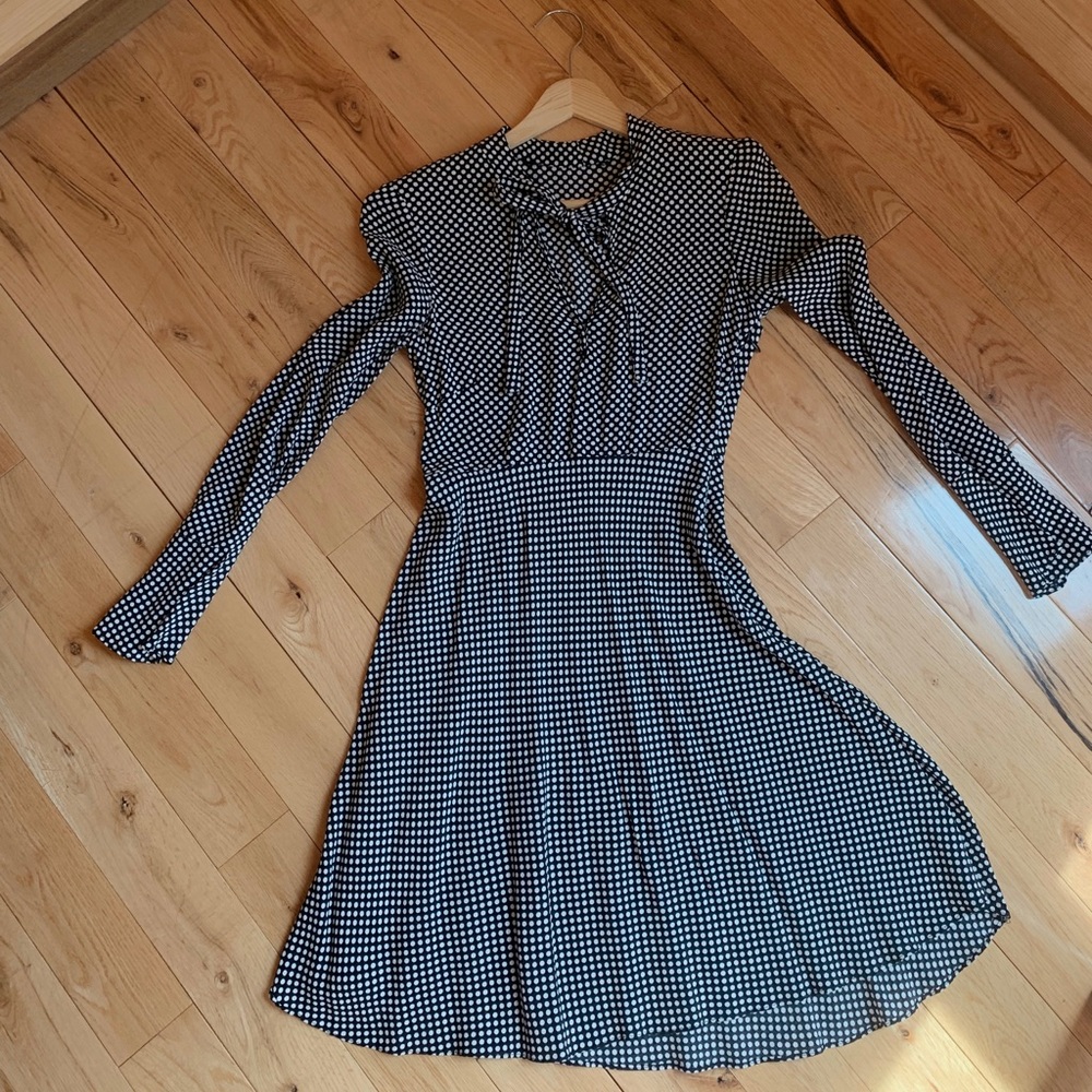 Black and white polka dot mini dress, long sleeve